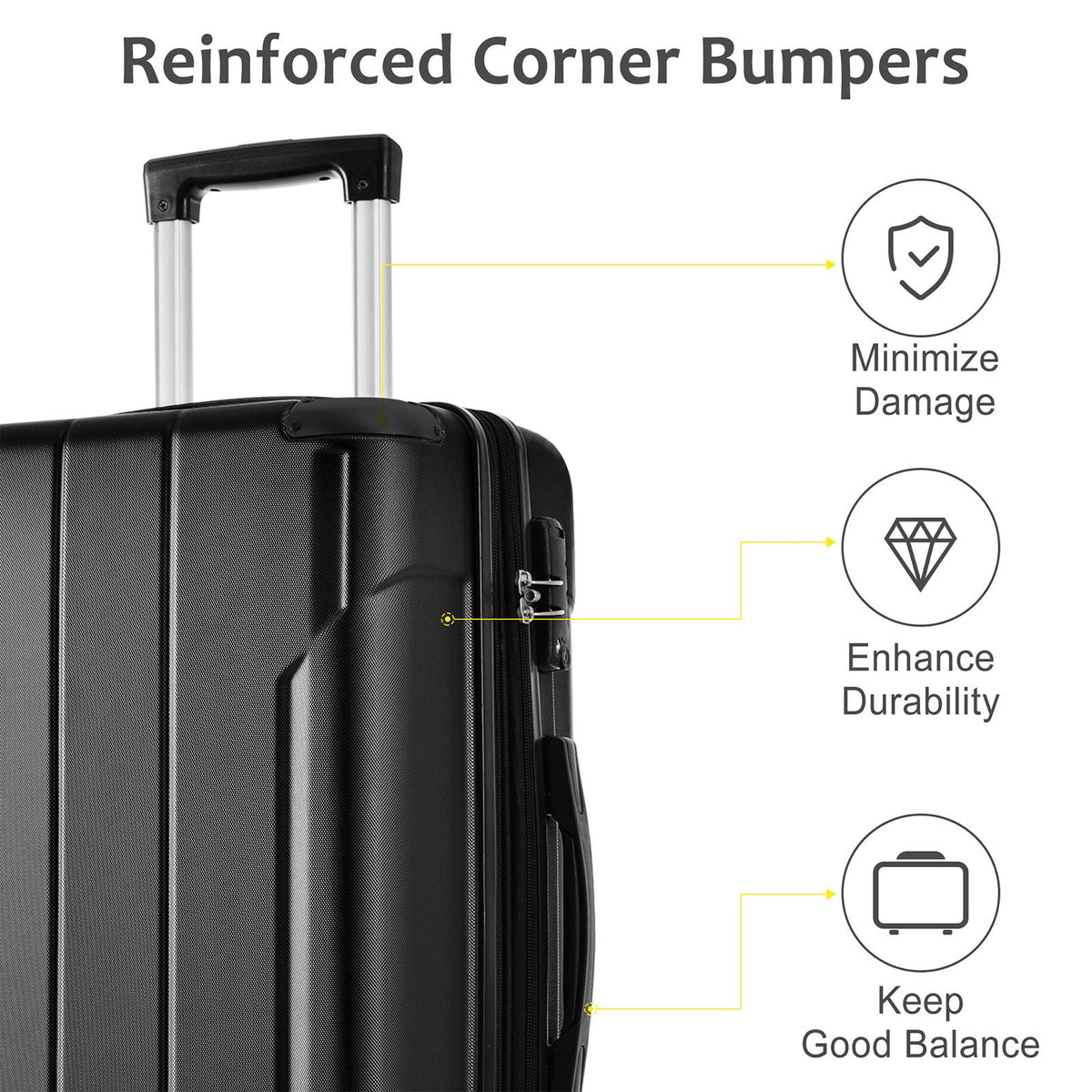3-Piece Hard Shell Luggage Set, Expandable ABS Suitcases with TSA Lock, Black