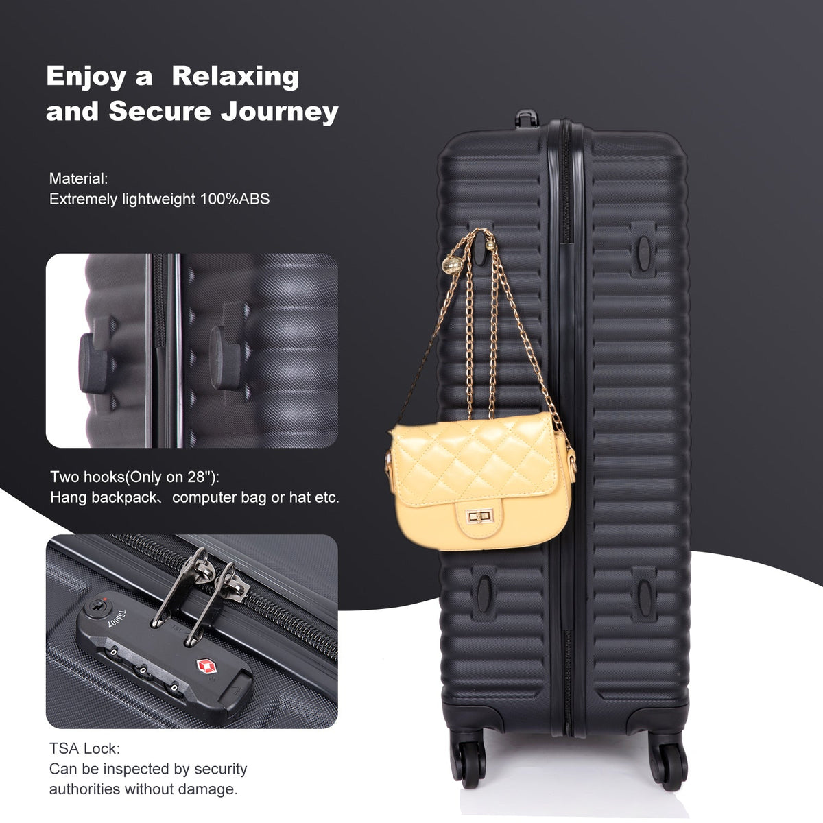 3-Piece Hardshell Luggage Set, 20/24/28 Inch, Black