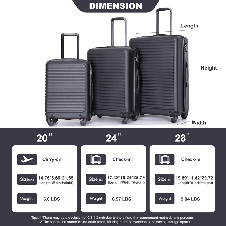 3-Piece Hardshell Luggage Set, 20/24/28 Inch, Black