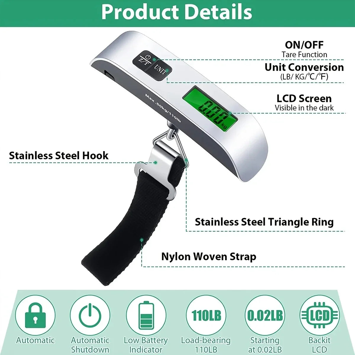 Portable Hanging Luggage Scale, 110 lb / 50 kg