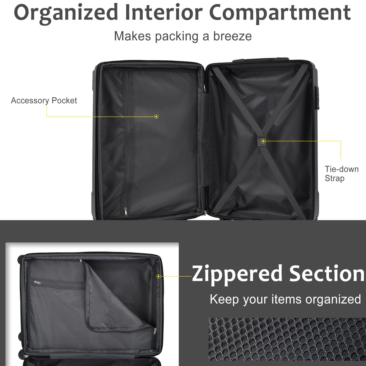 3-Piece Hard Shell Luggage Set, Expandable ABS Suitcases with TSA Lock, Black